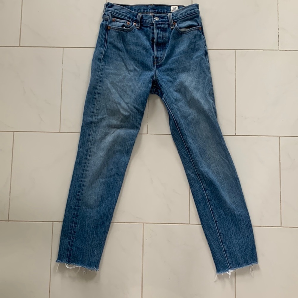 Levi’s red tab blue denim jeans button fly, size 26, cut off hem, stretchy!